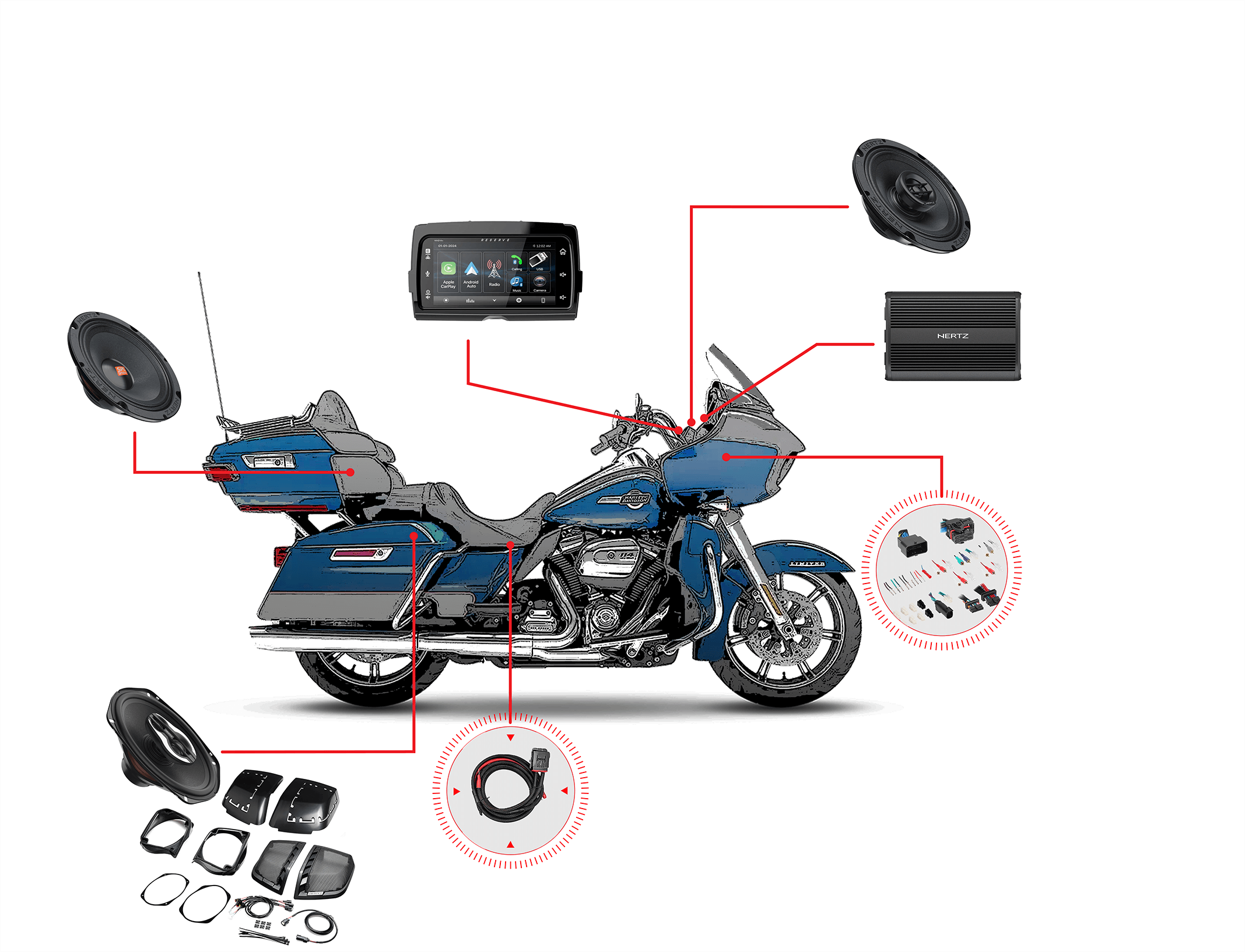 Kit de audio para Harley Davidson Road Glide Ultra Limited 2014-2023 – 6 altavoces Hertz, amplificador Hertz de 1000 W