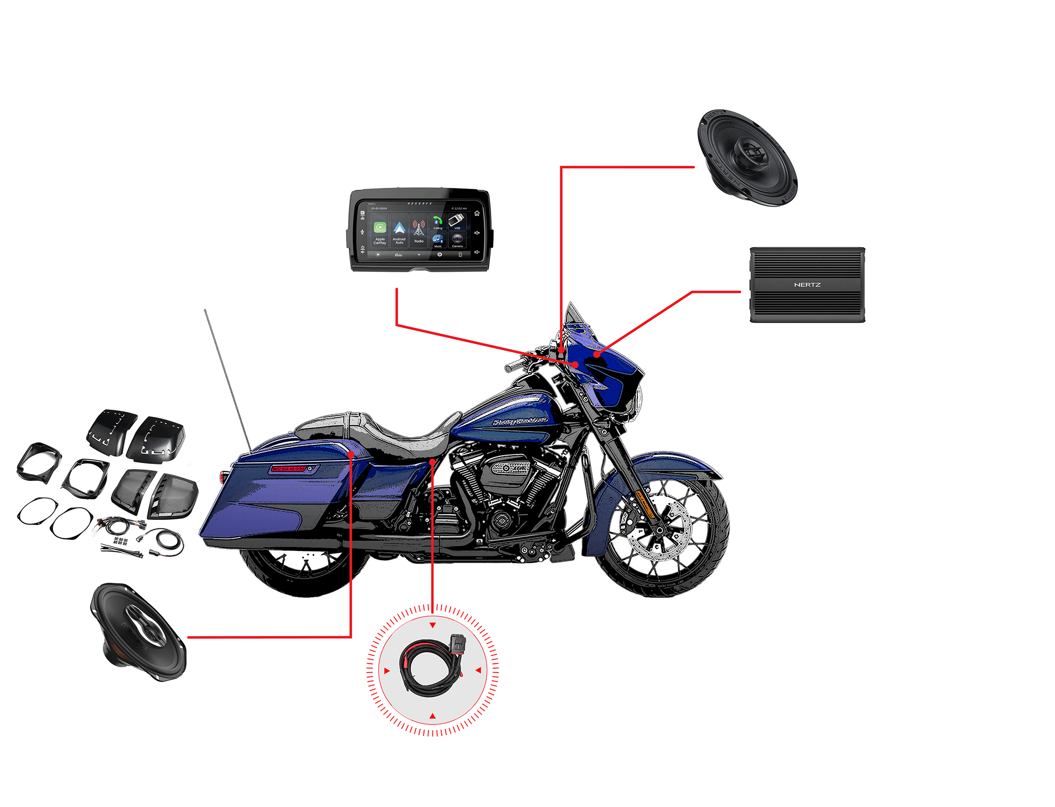 Zestaw audio do motocykla Harley Davidson Street Glide 2014-2023 - 4 głośniki Hertz, wzmacniacz Hertz 1000W, radio V2