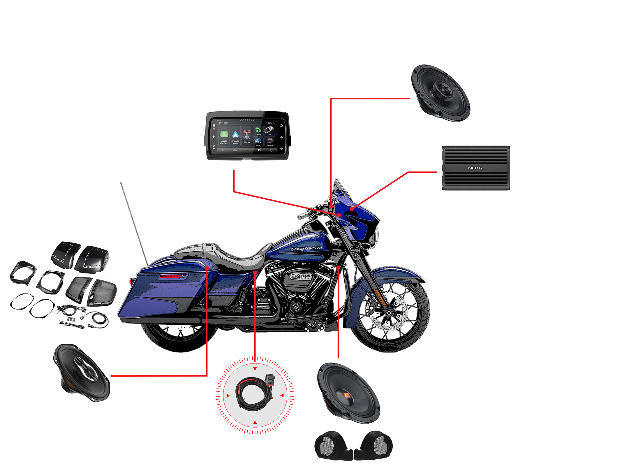 Zestaw audio do motocykla Harley Davidson Street Glide 2014-2023 - 6 głośników Hertz, wzmacniacz Hertz 1000W, radio V2