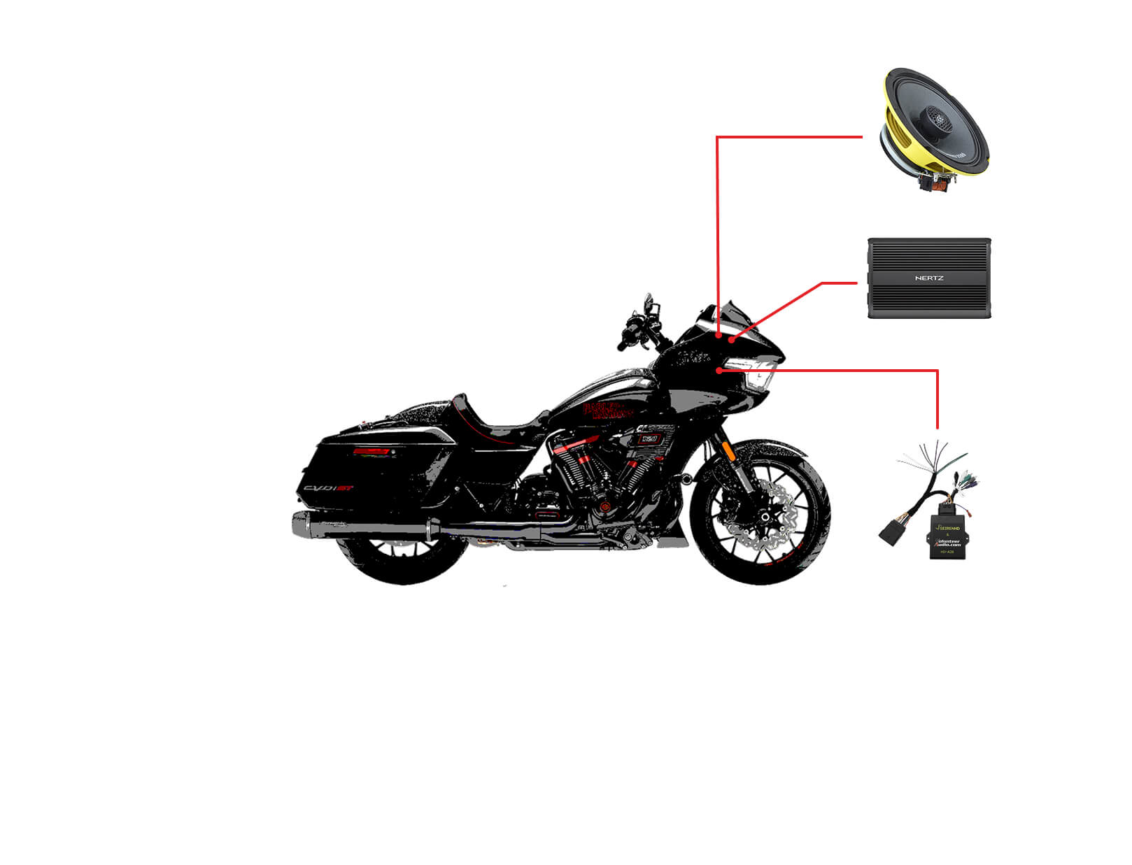 Zestaw audio do motocykla Harley Davidson Road Glide CVO ST 2024+ 2 głośniki Ground Zero, wzmacniacz Hertz 600W